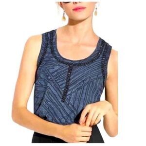 CAbi Women's Top Sleeveless Printed Beaded Tank Shirt blouse Scoop Neck Blue M